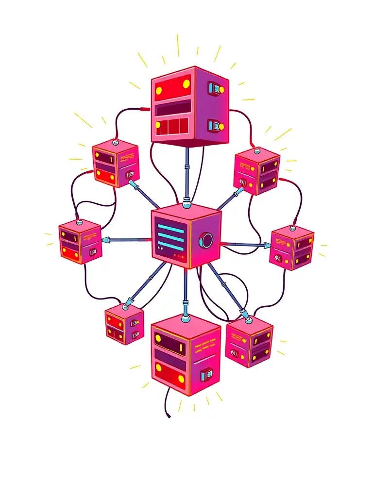 A graphic illustrating the scalability of a media system, with interconnected nodes representing expanding storage and processing capabilities.