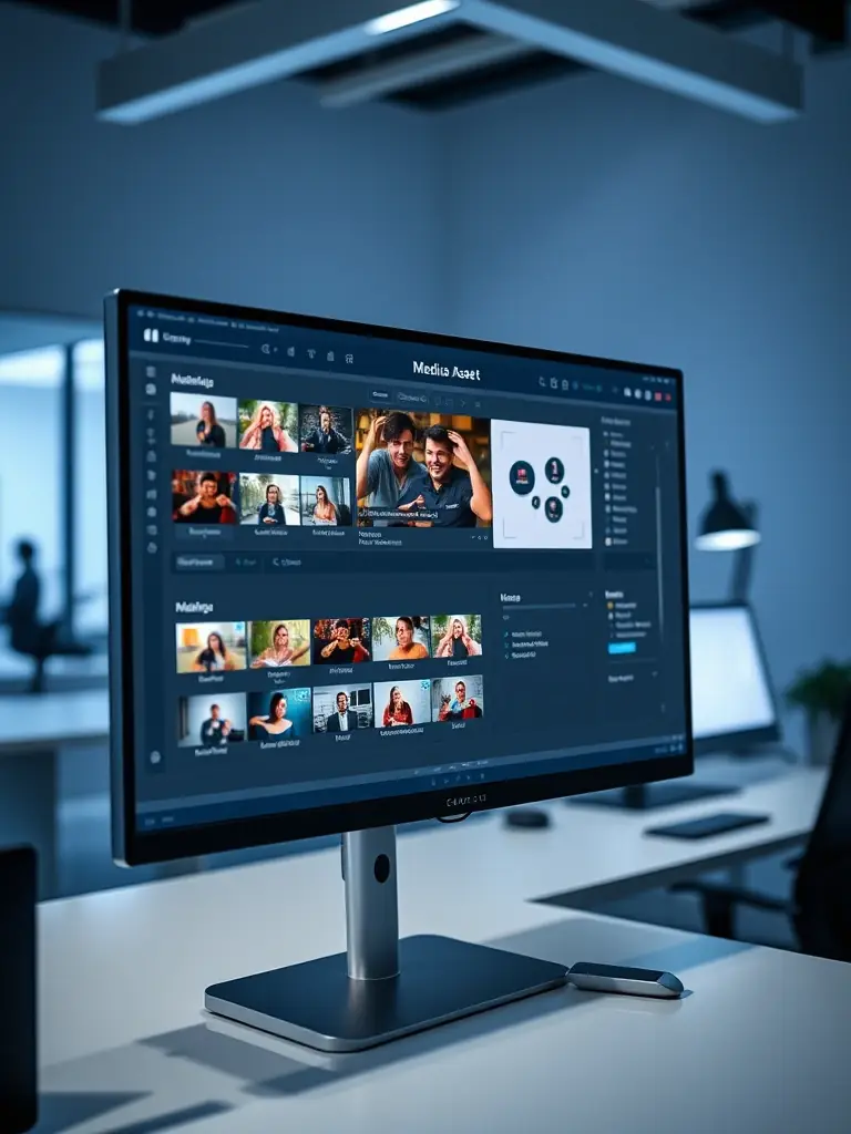 A professional photograph showcasing a modern media asset management interface with various video files and organizational tools visible, highlighting the software's capabilities in managing digital assets.